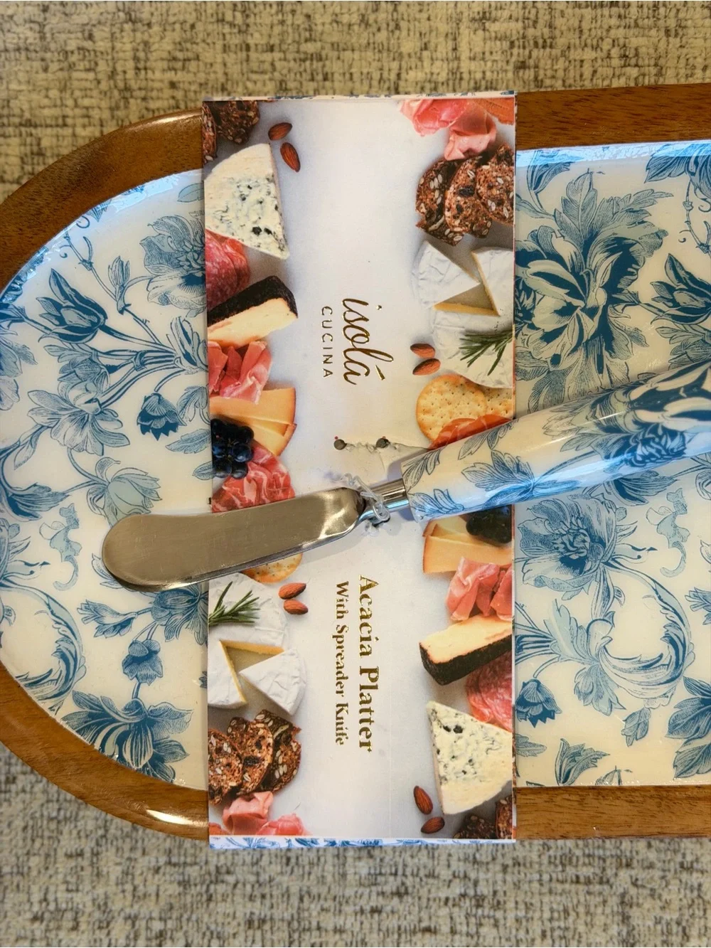 Isola Cucina Acacia Wood Platter Serving Board w/ Spreader Knife Blue Floral